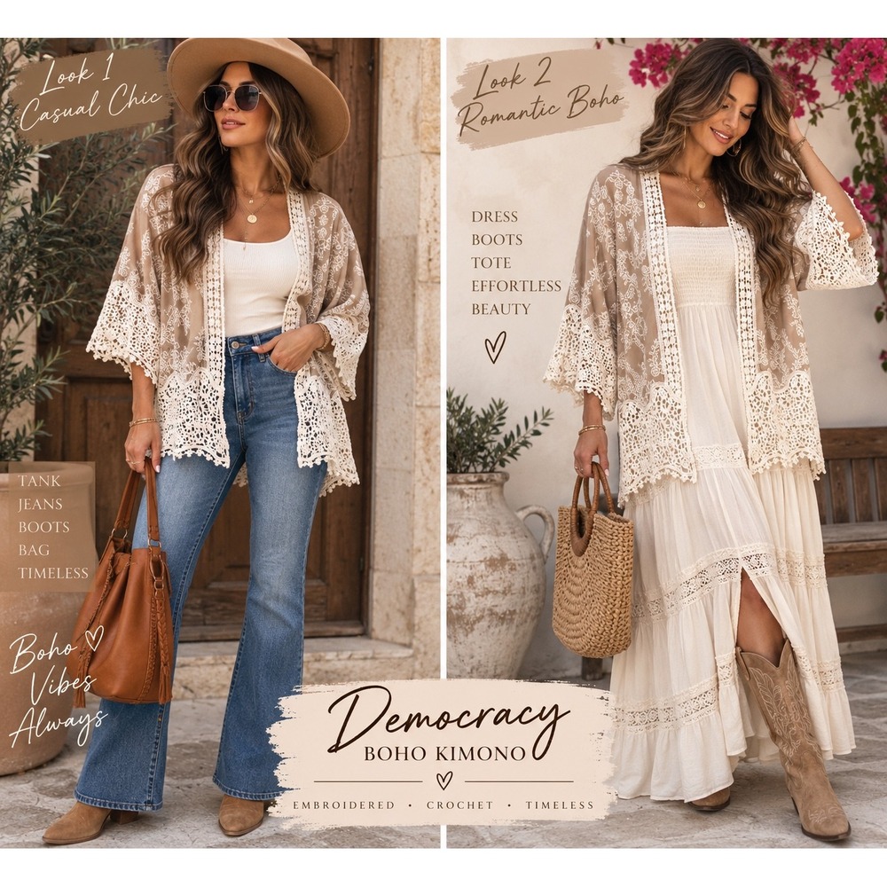 Democracy Boho Kimono Tan Embroidered Crochet Lace Open Front Wrap XS
